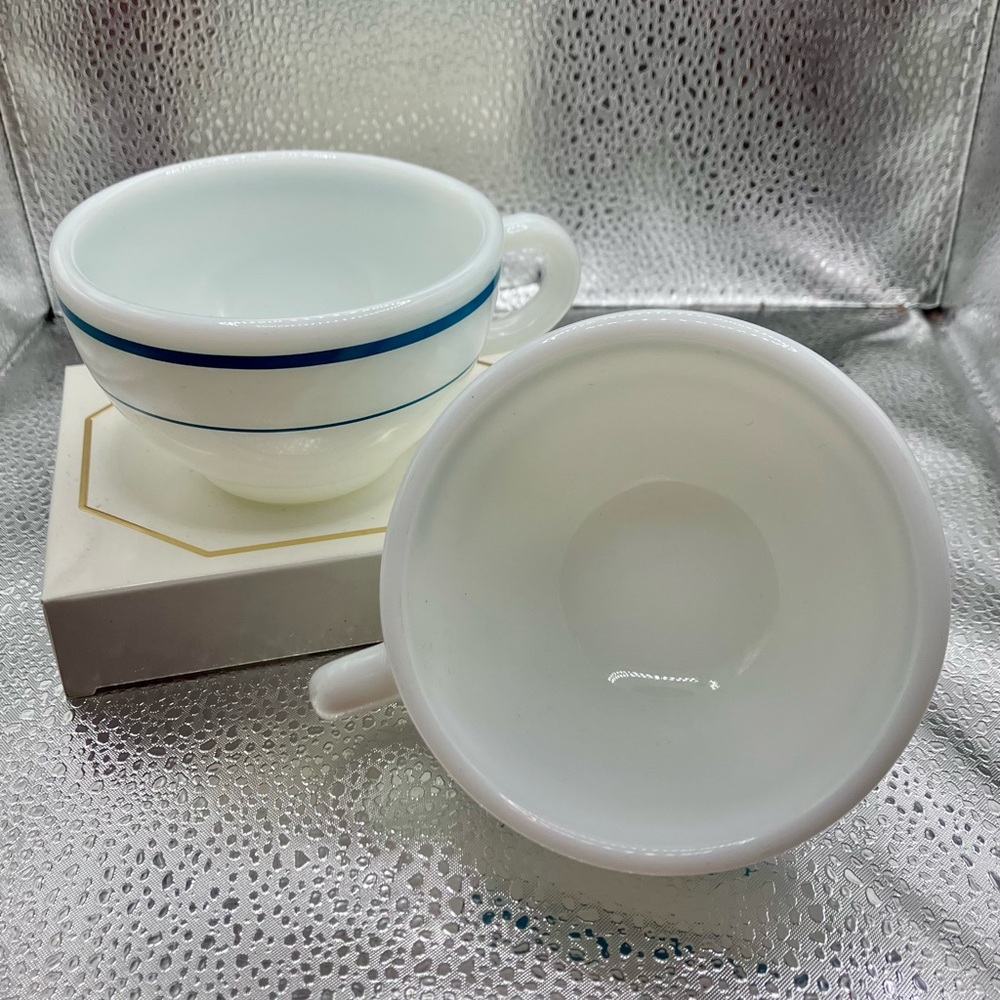 Vintage Pyrex Milk glass Cups with Cerulean Accents
